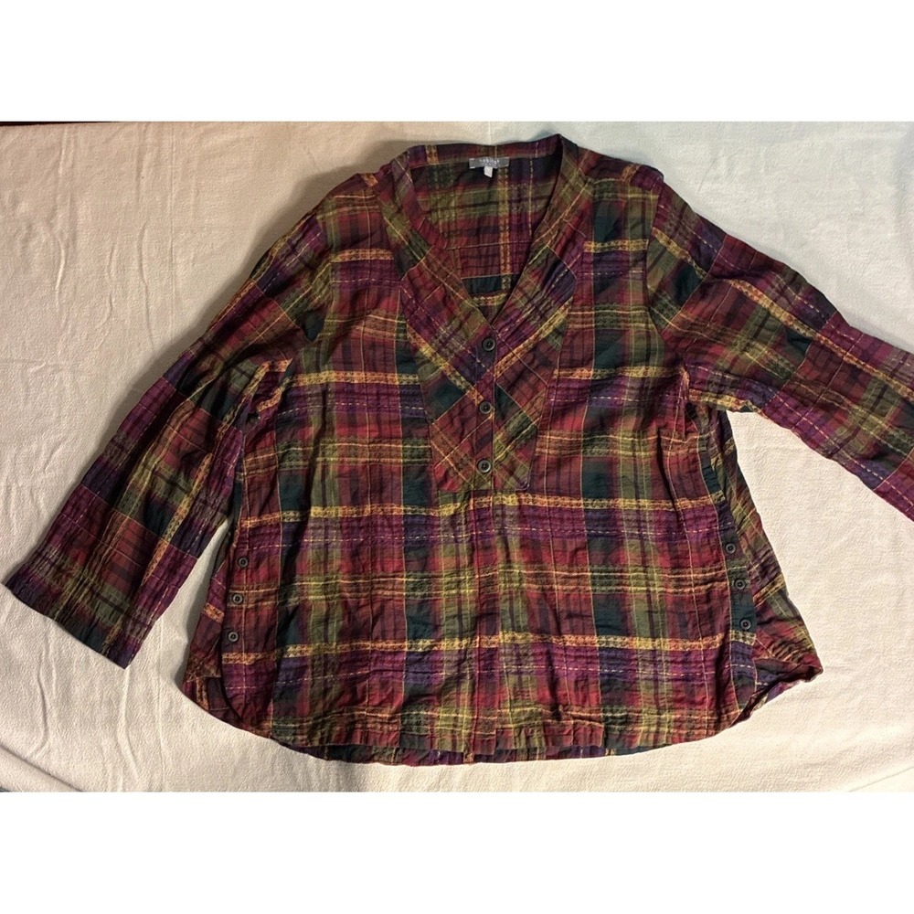 Habitat Women's Top XL Plaid Multi‎ Windowpane Shirt in Forest Cabincore Granola